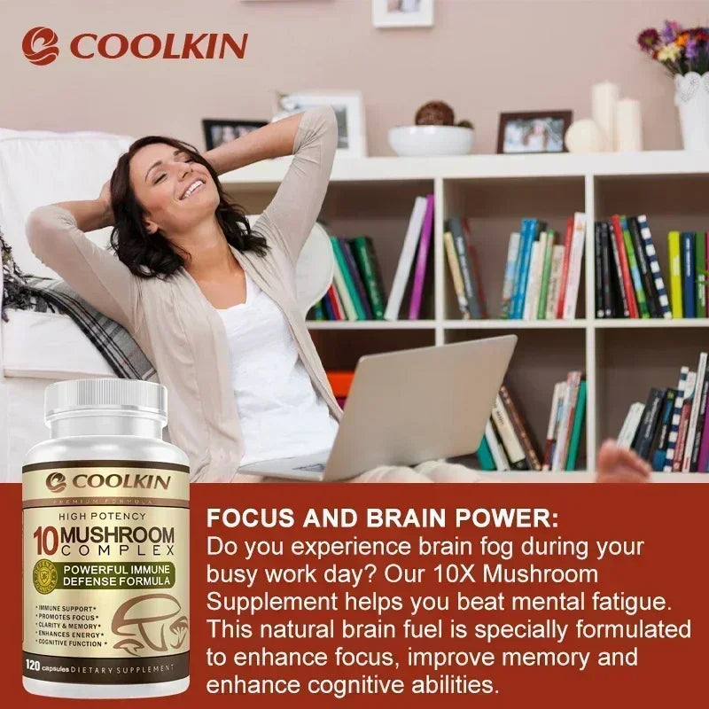 Coolkin 10-in-1 Mushroom Complex Capsules – Lion's Mane, Reishi & Adaptogenic Mushroom Blend for Brain, Memory & Immune Support