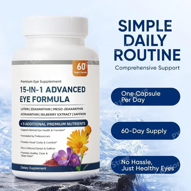 15-in-1 Eye Health Supplement – Lutein, Zeaxanthin, Bilberry Extract & Vitamins C and E, 60 Veggie Capsules