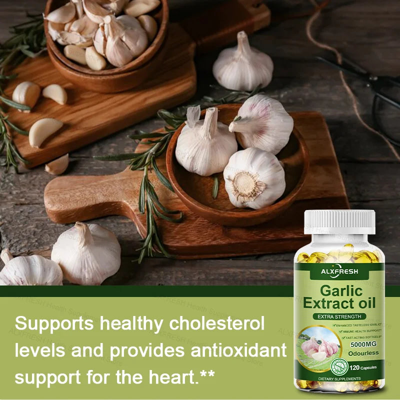 ALXFRESH Garlic Oil Capsules for Heart Health, Cholesterol Support & Immune System Wellness | Odorless Garlic Supplement | 60/120 Capsules
