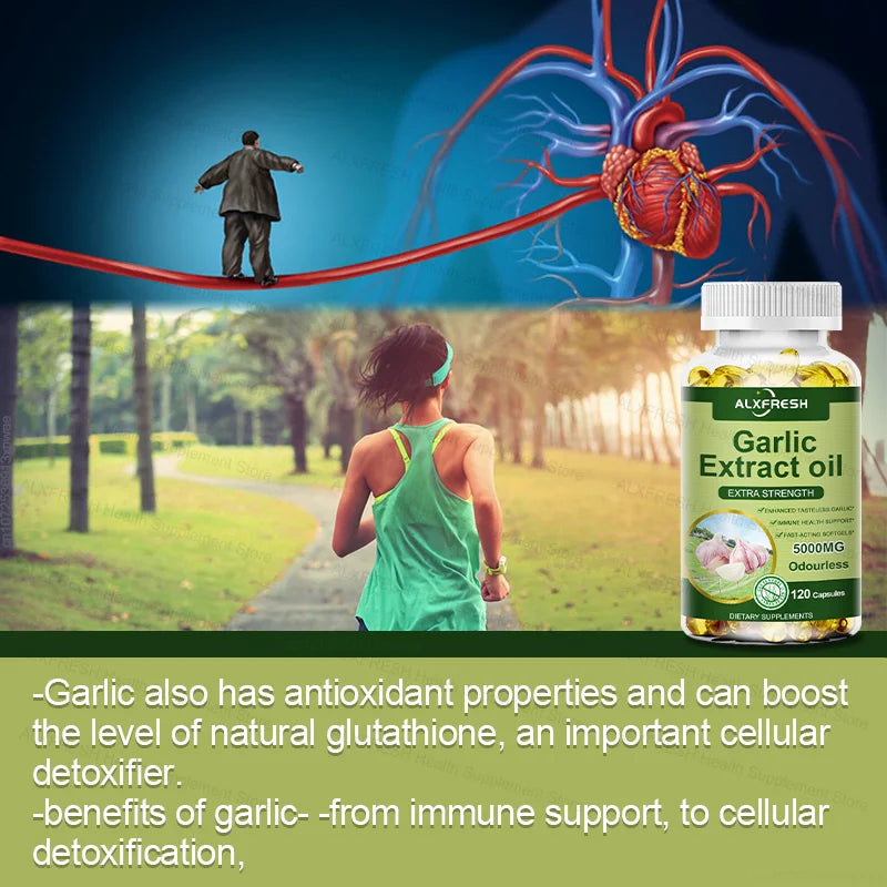 ALXFRESH Garlic Oil Capsules for Heart Health, Cholesterol Support & Immune System Wellness | Odorless Garlic Supplement | 60/120 Capsules