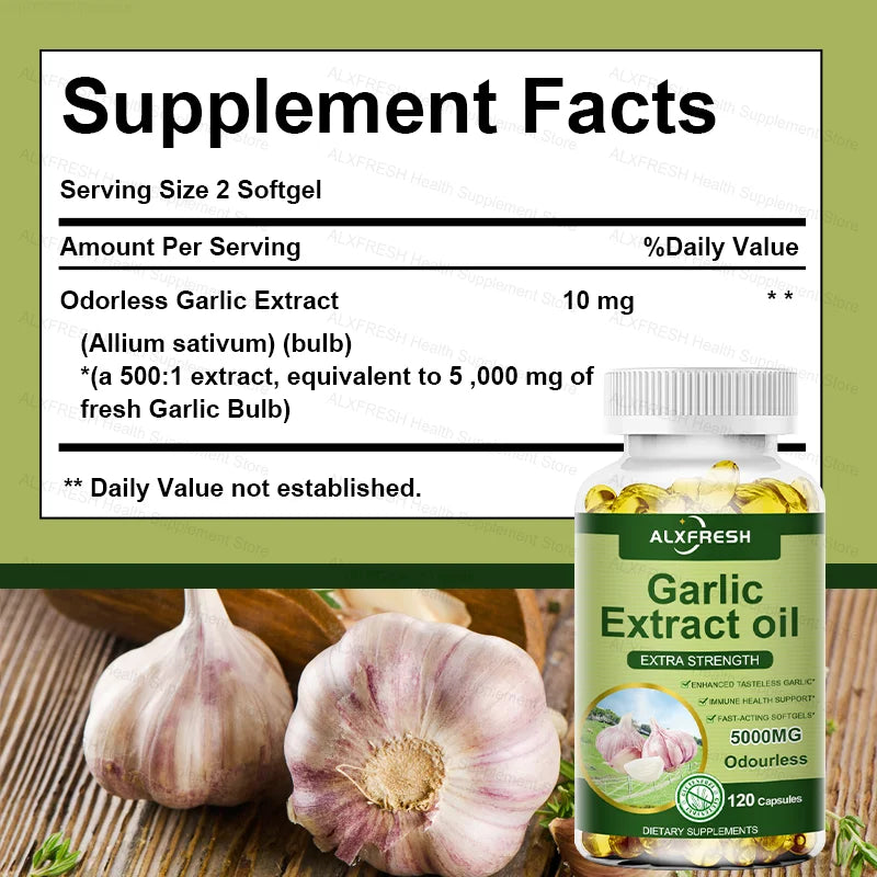 ALXFRESH Garlic Oil Capsules for Heart Health, Cholesterol Support & Immune System Wellness | Odorless Garlic Supplement | 60/120 Capsules