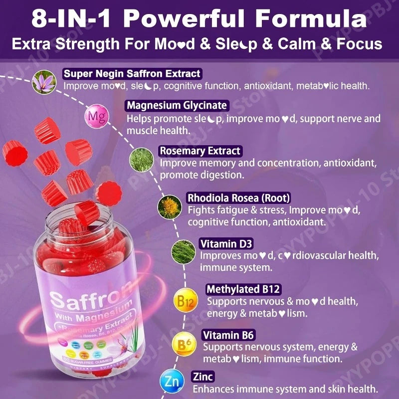 Saffron Gummies with Magnesium Glycinate, Vitamins B6, B12 & D3 – Sugar-Free Mood, Relaxation & Focus Support, 120 Gummies