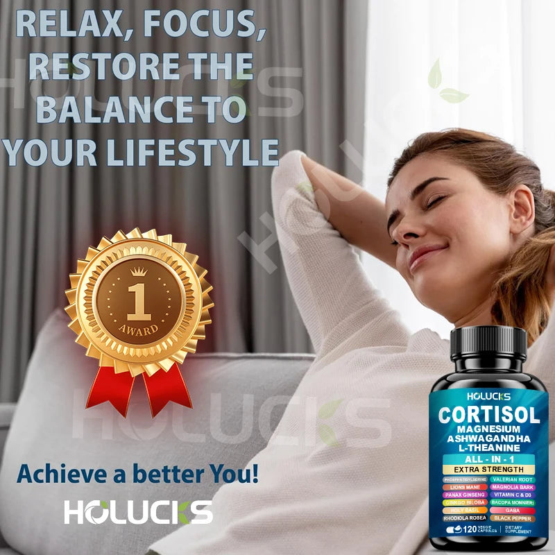 HOLUCKS Corti-Soothe Supplement with Ashwagandha, Magnesium & L-Theanine – Daily Stress & Relaxation Support