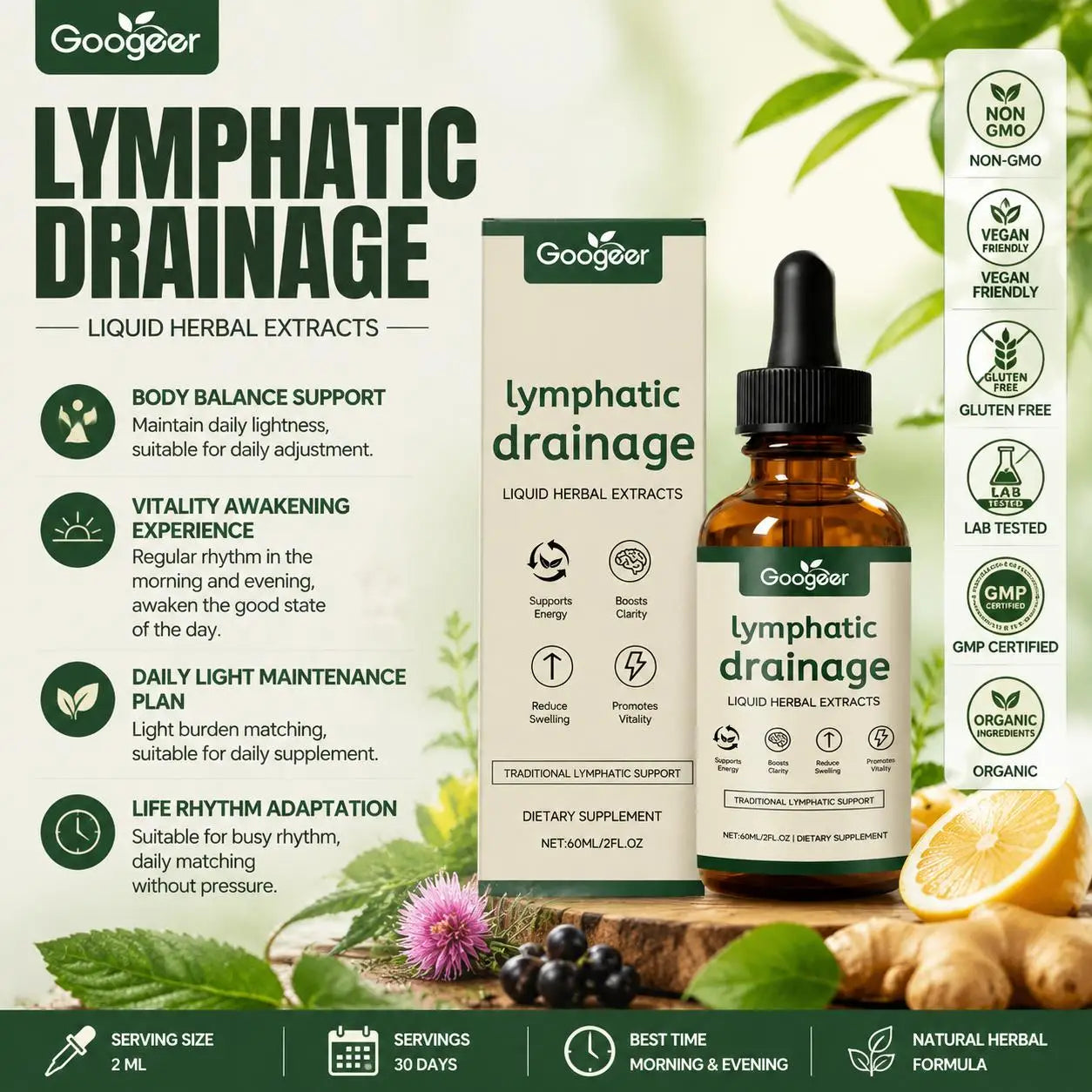 Googeer Lymphatic Drainage Herbal Drops 60ml – Herbal Daily Wellness Supplement with Uncaria & Red Clover