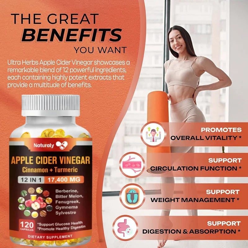 Apple Cider Vinegar Capsules 17,400mg – 12-in-1 Digestive, Immune & Metabolism Support