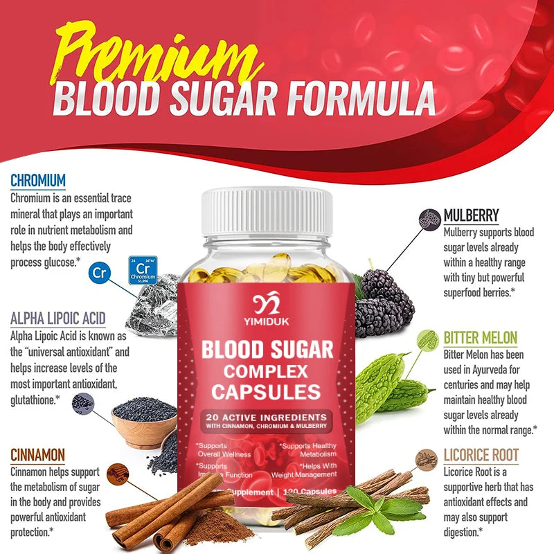 Yimiduk Blood Sugar Support Capsules with Cinnamon, Chromium & Mulberry | Metabolic & Immune Health Supplement | 60/120 Capsules
