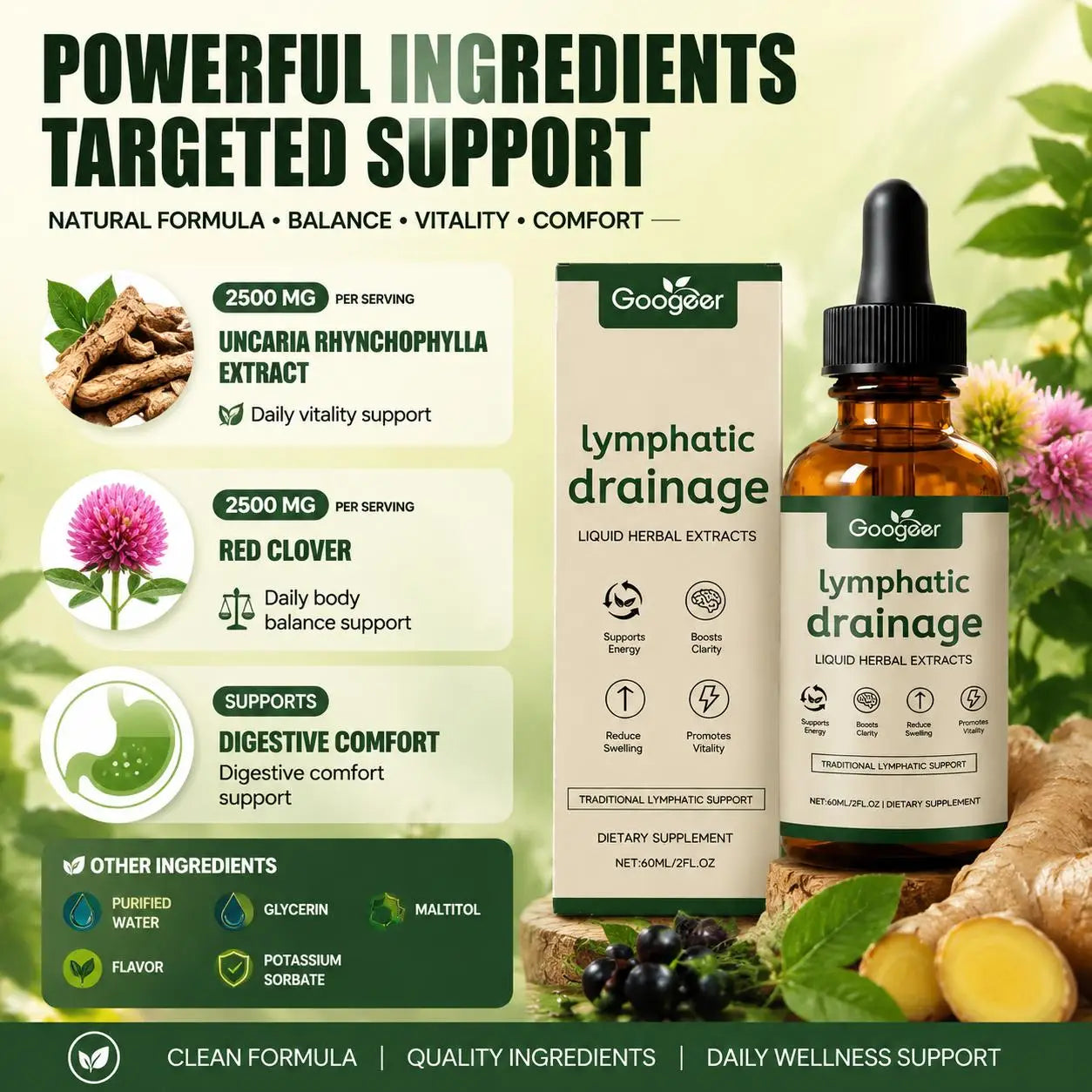 Googeer Lymphatic Drainage Herbal Drops 60ml – Herbal Daily Wellness Supplement with Uncaria & Red Clover
