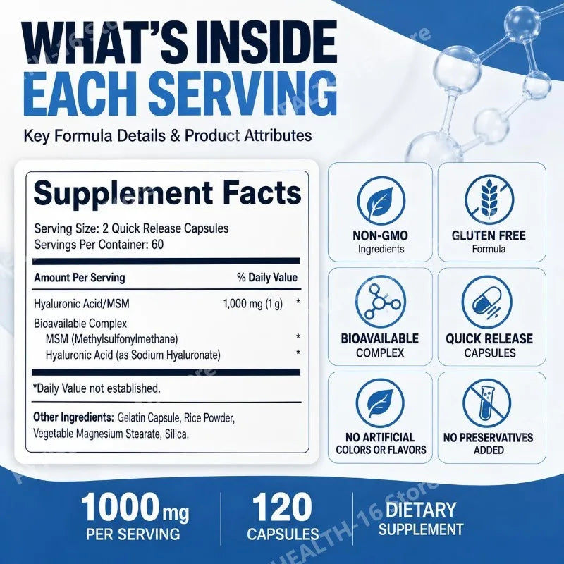 Hyaluronic Acid with MSM Capsules – 1000mg Per Serving, 120 Capsules