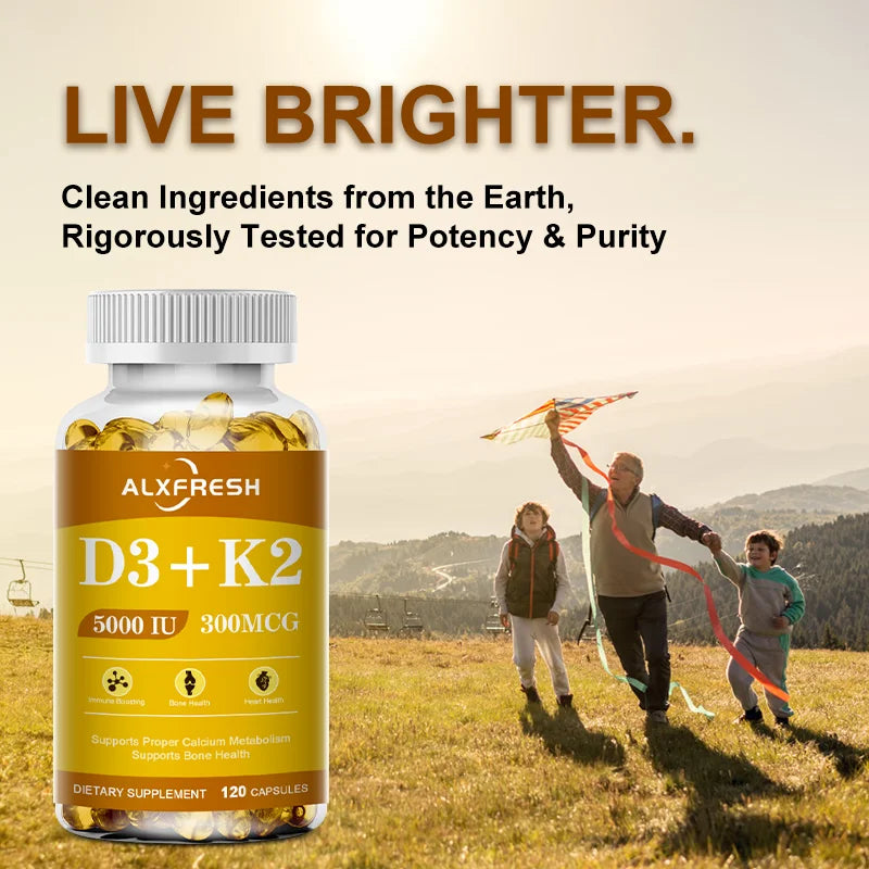 ALXFRESH Vitamin D3 + K2 Capsules – Bone, Calcium & Immune Support Supplement