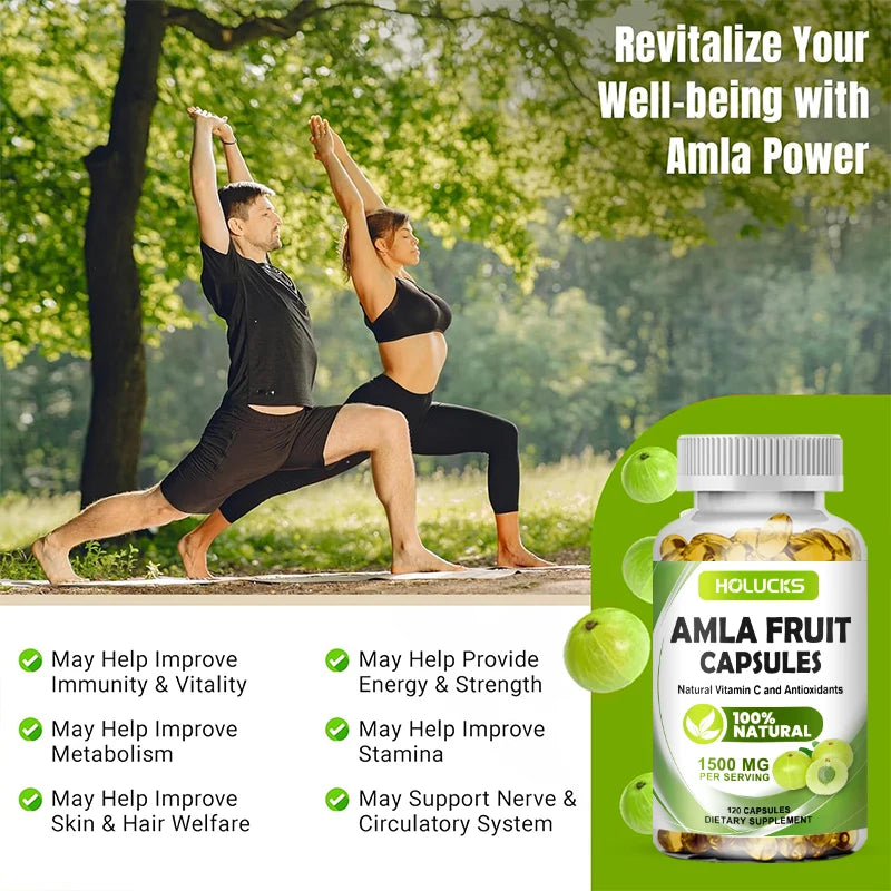 HOLUCKS Organic Amla Fruit 1500mg Capsules – Daily Vitamin C Supplement for Immune, Skin & Hair Support