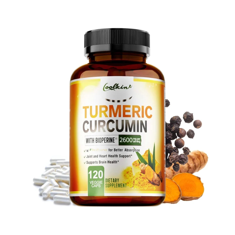 A bottle of Colkin Turmeric Curcumin dietary supplement with bioperine, shown on a white background with turmeric roots, sliced turmeric, black peppercorns, and white capsules.