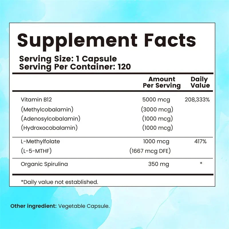 Vitamin B12 Capsules with Organic Spirulina – Daily Vitamin Supplement, 30, 60 or 120 Capsules