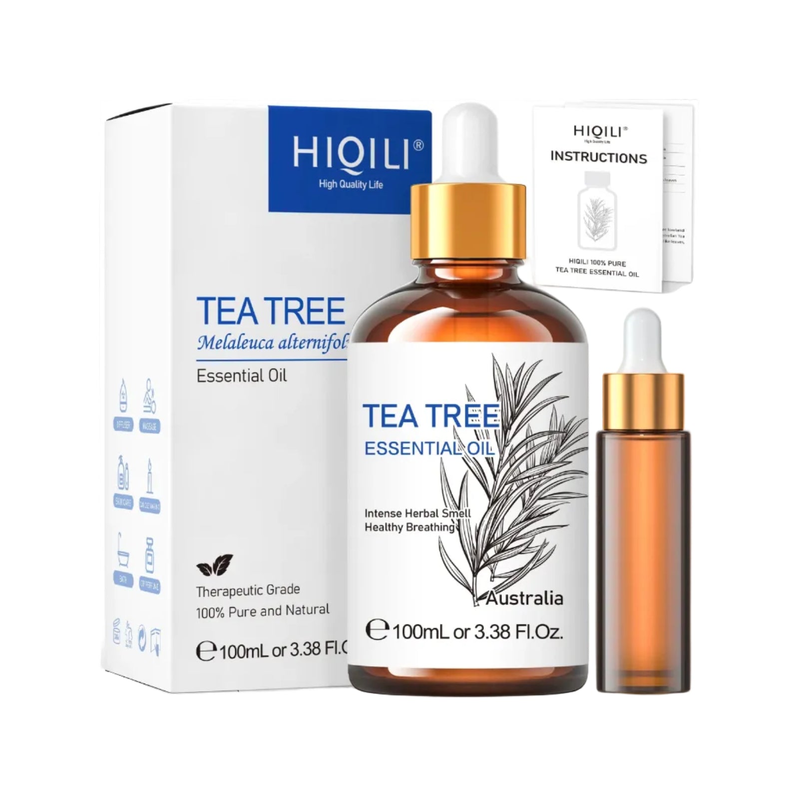 Tea tree essential oil bottle with dropper and packaging on a white background