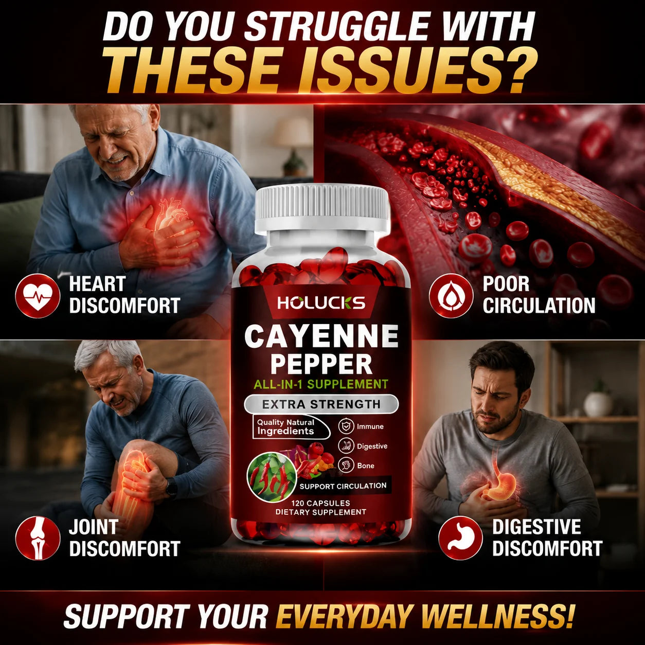 Cayenne Pepper Capsules with Vitamin D3 & K2 – Metabolism, Digestive, Circulation, Bone & Joint Support Supplement (60/120 Capsules)