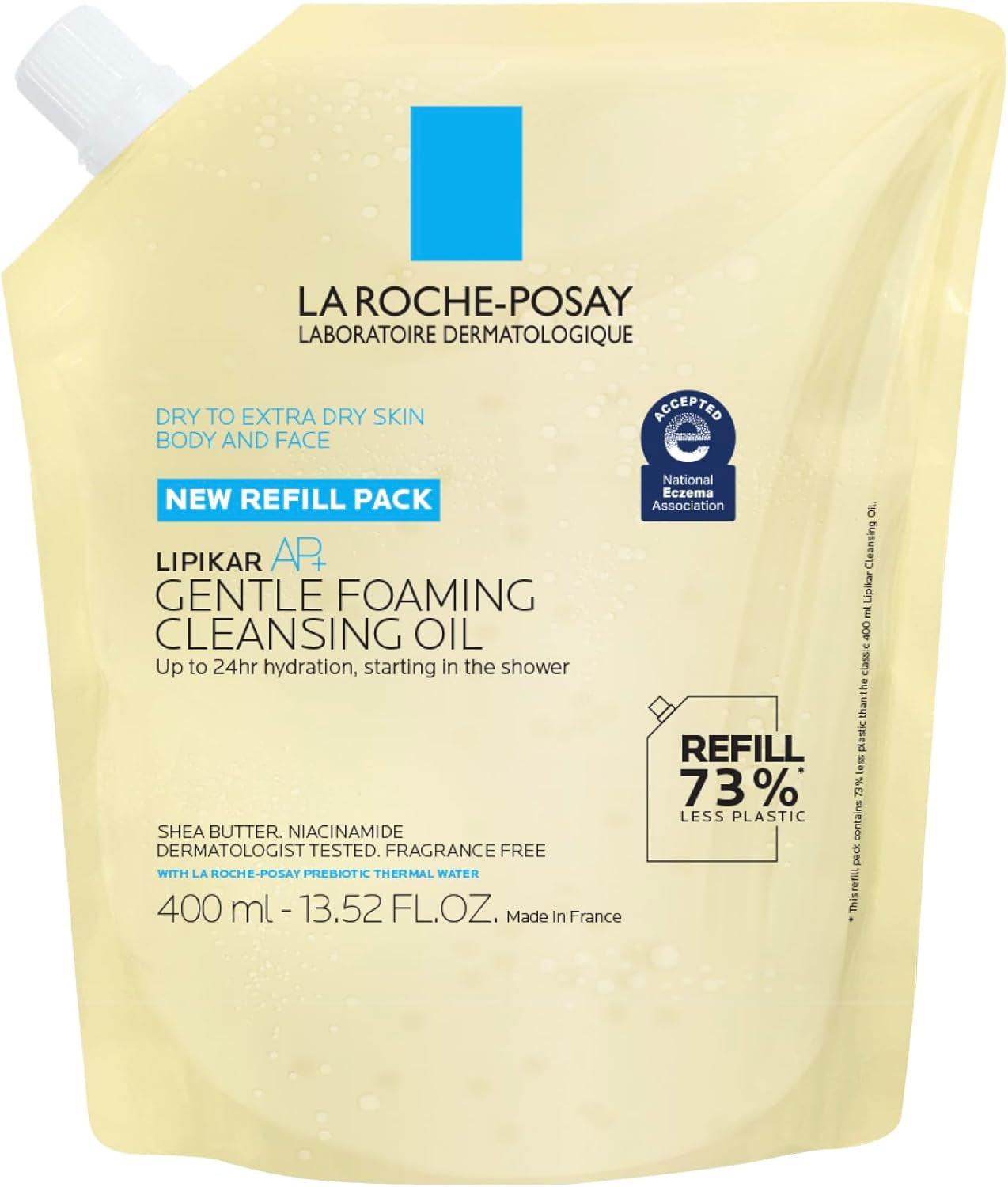La Roche-Posay Body Cleanser Oil Refill Pouch 400Ml, Resealable Eco Pack, Lipikar AP+ Cleansing Huile Lavante, for Adults, Children & Babies, Suits Very Dry Atopic Eczema Prone Skin