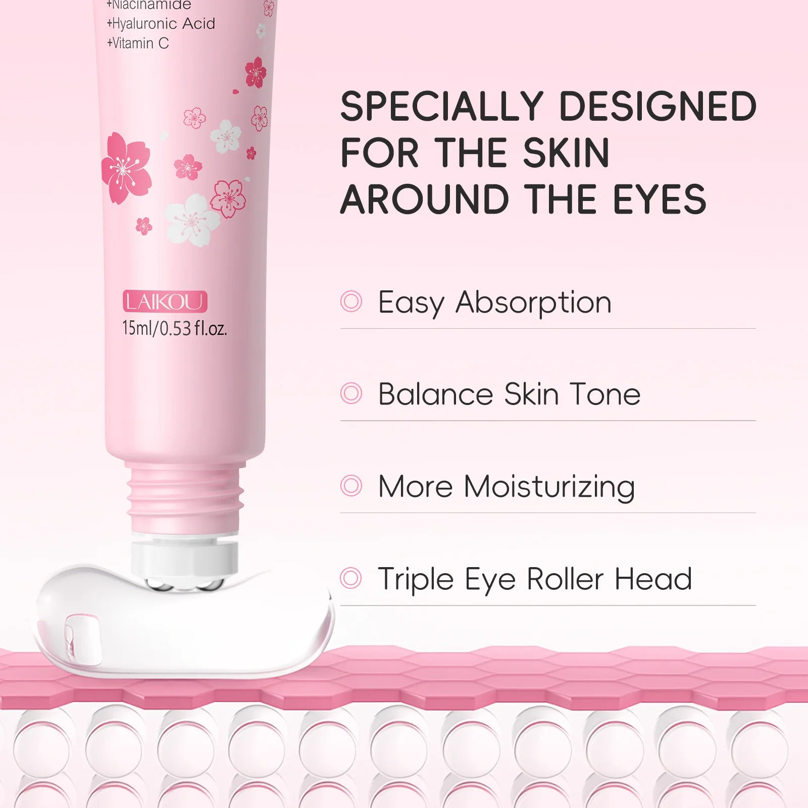 LAIKOU Sakura Eye Serum Roller — Hydrating, Brightening & Firming 15 ml — sakura eye serum roller for hydrating, brightening, firming & dark circle care | Eye Creams | Beauty & Health,Eyes Care,Skin Care | Dolcie Care