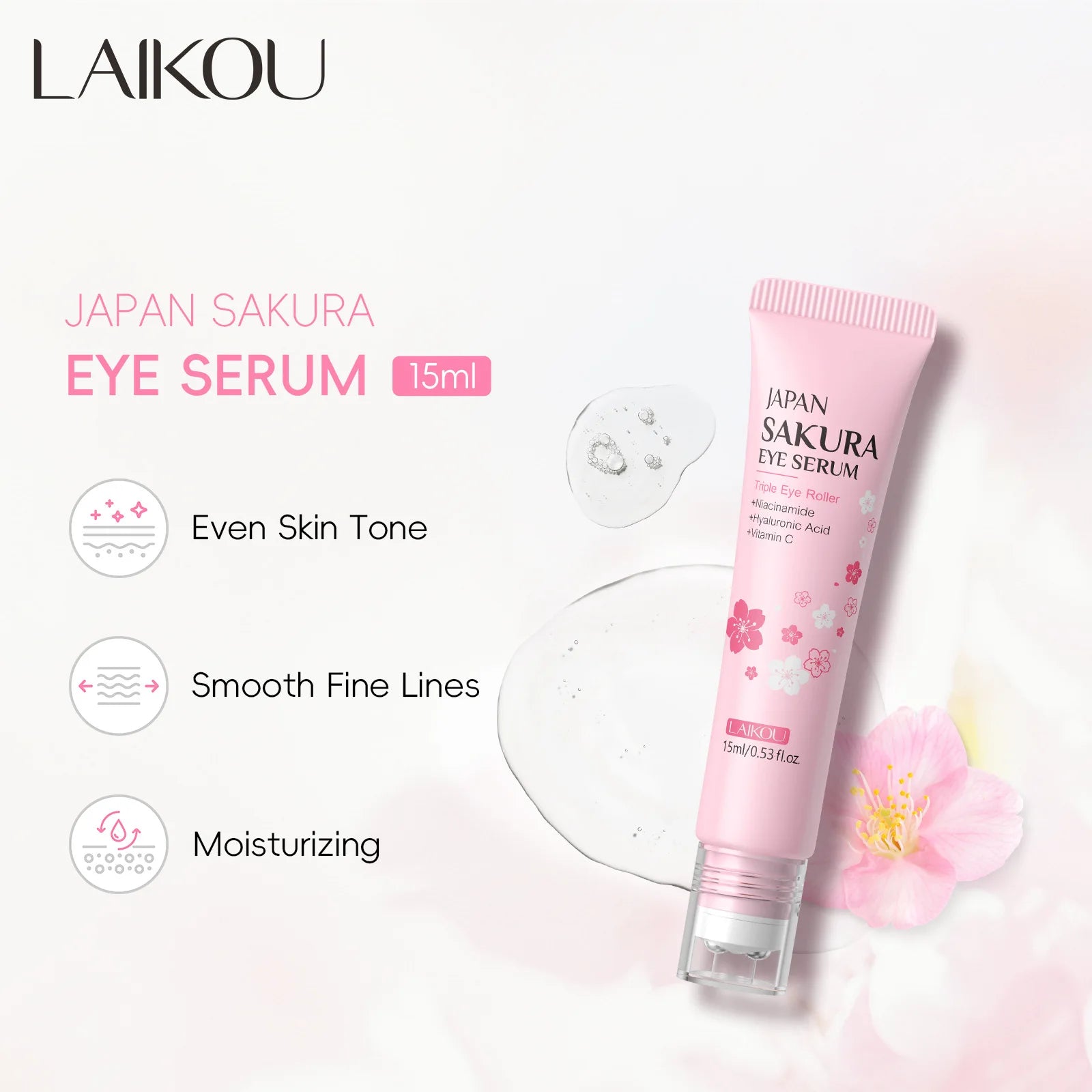 LAIKOU Sakura Eye Serum Roller — Hydrating, Brightening & Firming 15 ml — sakura eye serum roller for hydrating, brightening, firming & dark circle care | Eye Creams | Beauty & Health,Eyes Care,Skin Care | Dolcie Care